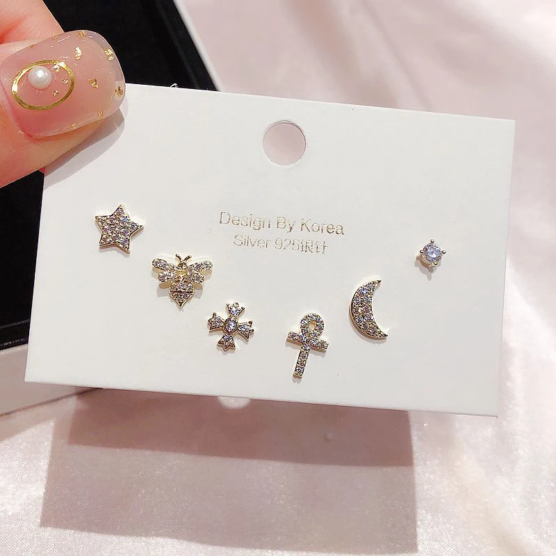 Trendy 6pcs Micro Paved Cubic Zircon Small Stud Earrings Set Gold Color Moon Cross Bee Star Earrings for Women