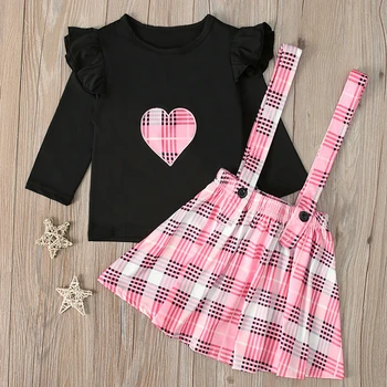 

Siskakia Child Girls Skirt Set Ruffles Shoulder Long Sleeve Black Heart Print Tees+Pink Plaid Suspender Skirt Cute 2 pieces set