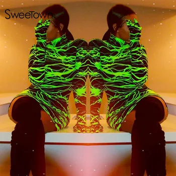 

Sweetown Neon Color Lightning Striped Print Winter Dress Ladies Club Party Outfits Turtleneck Long Sleeve Bodycon Dresses Autumn