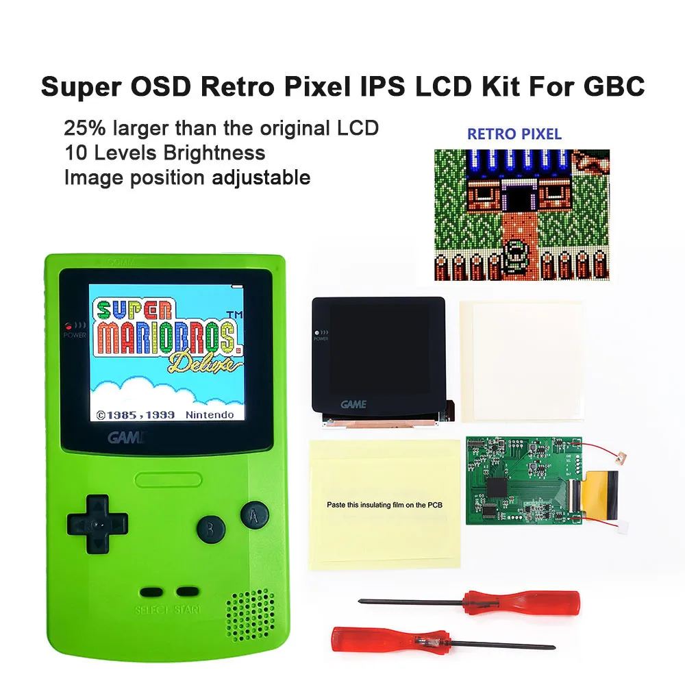 

GBC RETRO PIXEL V5 OSD Menu IPS LCD 2.0 Kit Laminated Screen High Light Backlight For GameBoy Color Shell With Pre-cut Housing