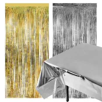 

Gold Silver Metallic Foil Fringe Curtains Shiny Foil Tinsel Backdrop With Tablecloth for Weddings Bachelorette Party Decorations