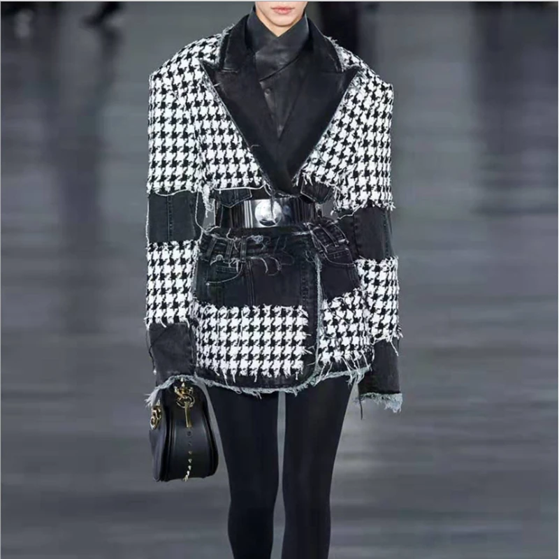 EXCELLENT QUALITY 2021 Stylish Designer Jacket for Ladies Denim Tweed Houndstooth Blazer With Belt | Женская одежда