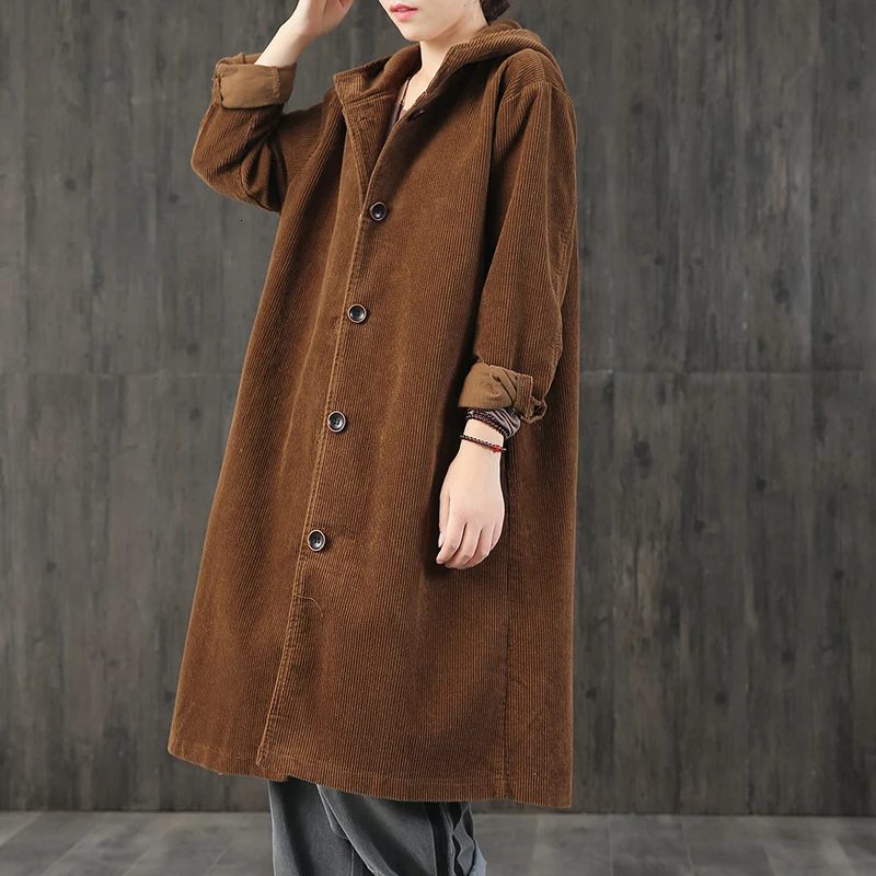 

Corduroy Long Trench Women Coat Belt Tie High Fashion Autumn Winter 2019 Windbreaker Double-breast OL Coats Trenchs