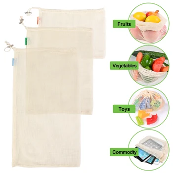 

Reusable Drawstring Bags Washable Natural Cotton Mesh Bags for Grocery Shopping Storage with Tare Weight on Tags 4/6/9/12PCS