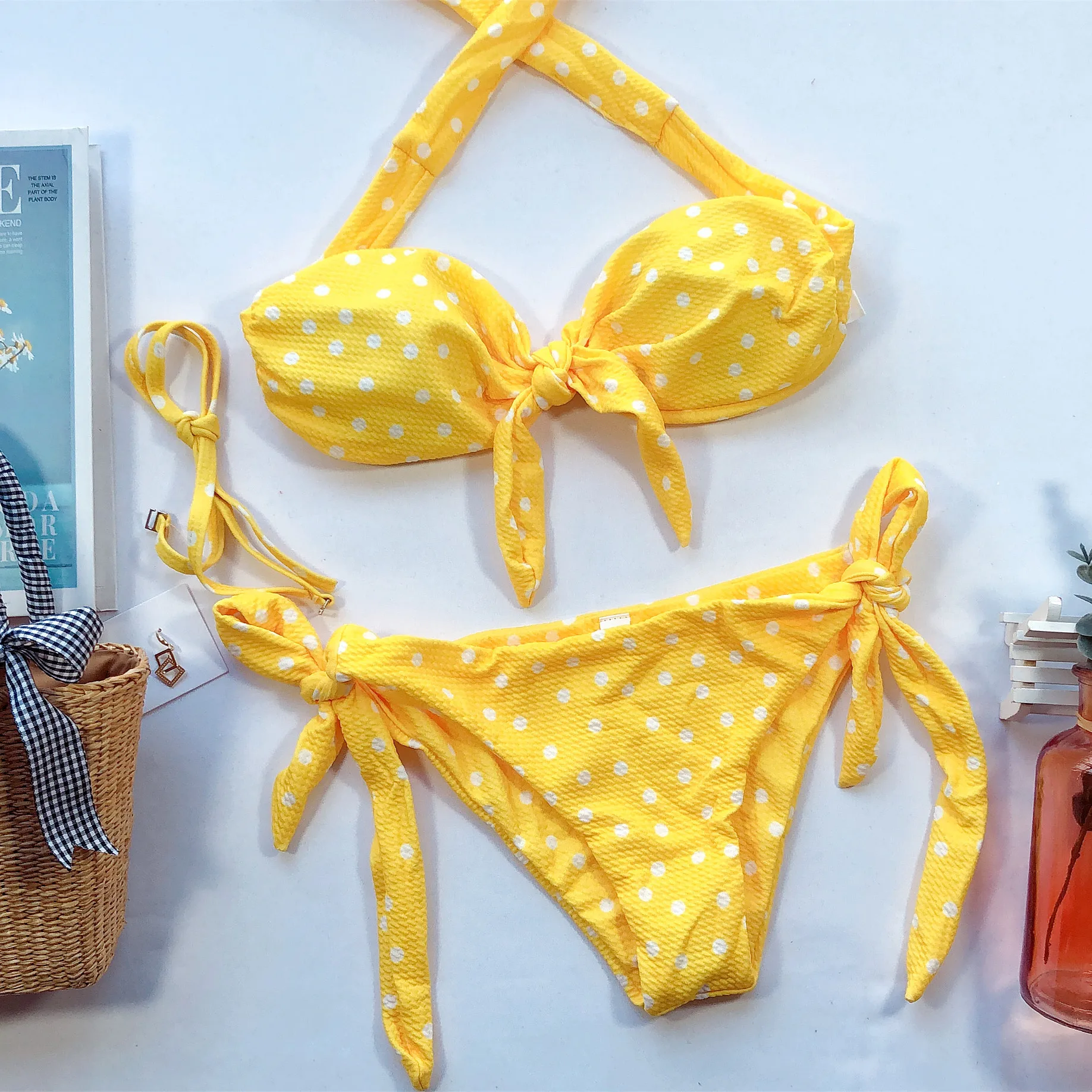 Front Tie Bikini Swimwear Off Shoulder Black Dot Print High Leg Bikinis Bathers Bathing Suit Thong Swimsuit