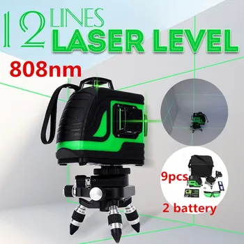 

12 Lines 3D Green Laser Level 360 Auto Self-Leveling Horizontal And Vertical Cross Lines With Bracket&2 Battery Indoor Outdoor