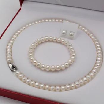 

Good quality Natural freshwater pearl necklace pearl bracelet Pearl 925 silver earrings three-piece chain fashion necklace
