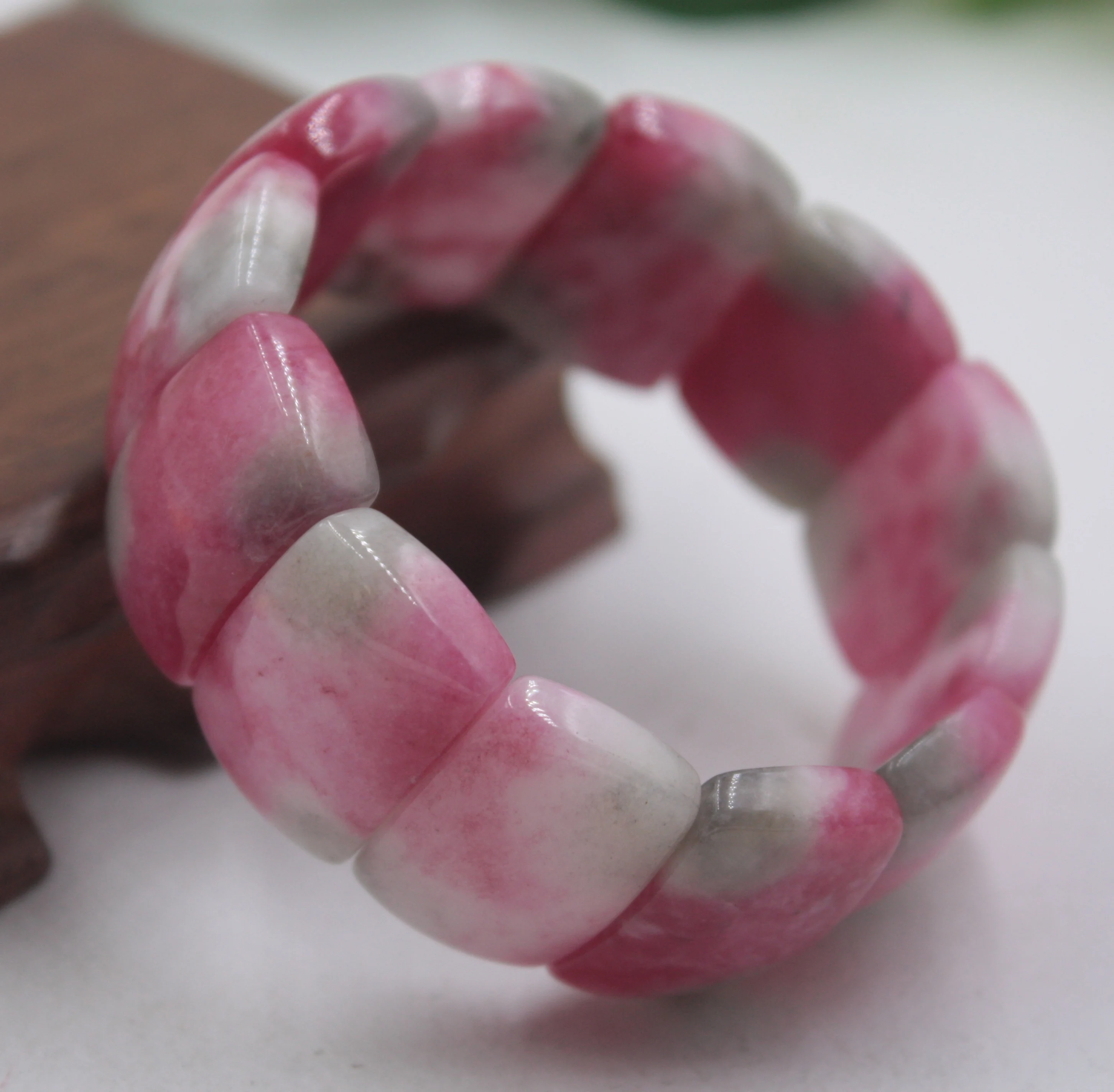 Fine Jade Jadeite Pink Bracelet For Women Girl Beauty Chain Link Rectangle Beads Luck Bracelet