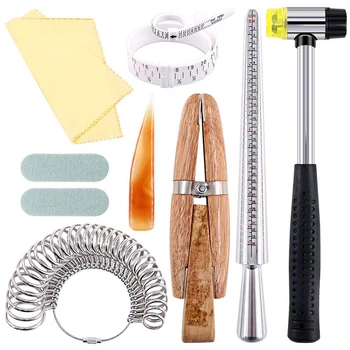 

12Pcs Jewelry Ring Sizer Tools Set, Ring Mandrel, Ring Sizer, Wood Ring Clamp, Rubber Hammer, Plastic Ring Sizer Gauge, Jewelry