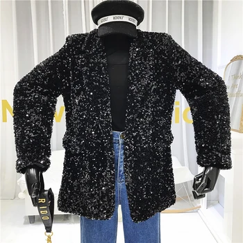 

2020 New Spring Bling Sequined Small Suit Jacket Women Loose Blazer Coat Casual Female Black Overcoats Outwear