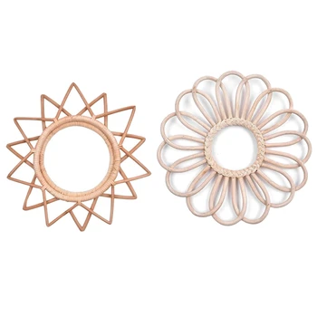 

2x Vintage Round Decorative Wall Mirror Frame Bohemian Chic Wall Hanging Mirror Rattan Frame