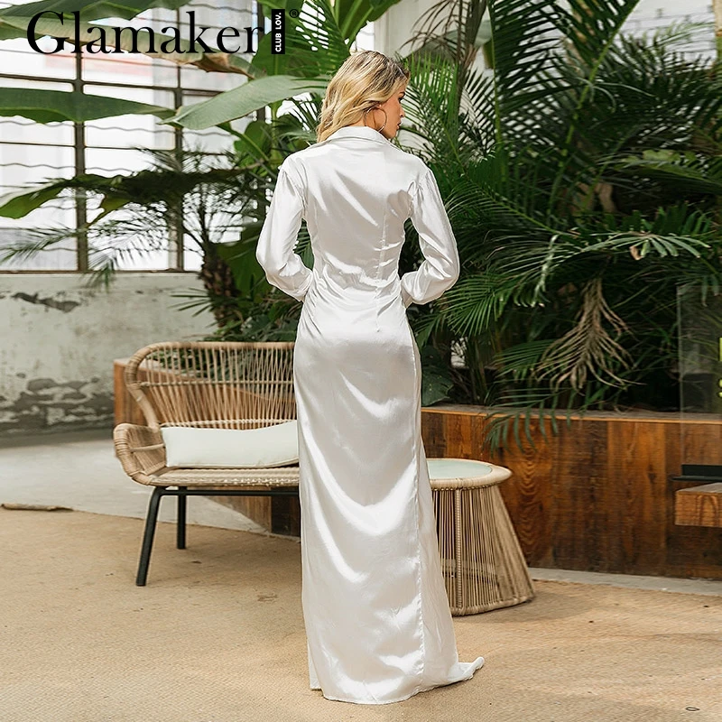 Glamaker, белое сатиновое сексуальное платье-рубашка, Элегантное макси-платье с разрезом, платье с глубоким отложным воротником и длинным рукавом, vestidos de fiesta