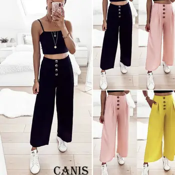 

Hot Women's Button Wide Leg Flared Pants Solid Loose Fashion Female High Waist Casual Palazzo Trousers