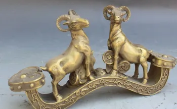 

zhaorui6615++10" Chinese Fengshui Bronze Zodiac Year Sheep Goat Animal Wealth Ru Yi Statue