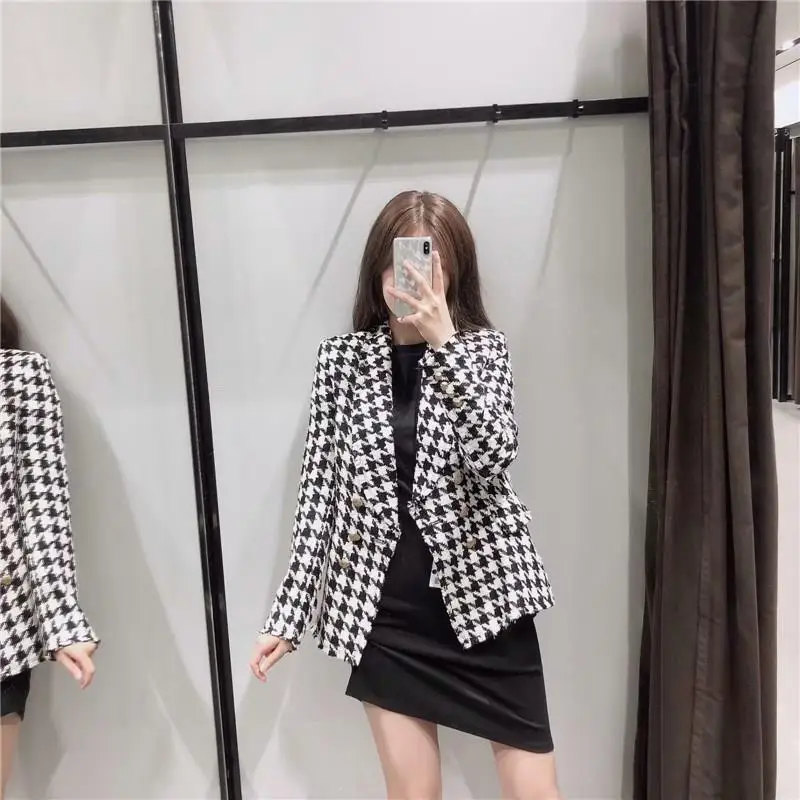 

Women Fall Black Pocket Houndstooth Jackets Thick Tweed Button V-Neck Jackets Office Casual Elegant Coats