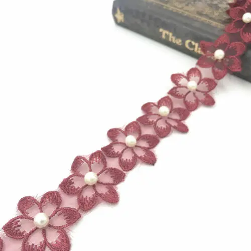 Dark red-2Yards DIY 2 ярдов цветы Жемчуг Кружева свадебное платье одежда украшения отделка Аксессуары - Цвет: Dark red-2Yards