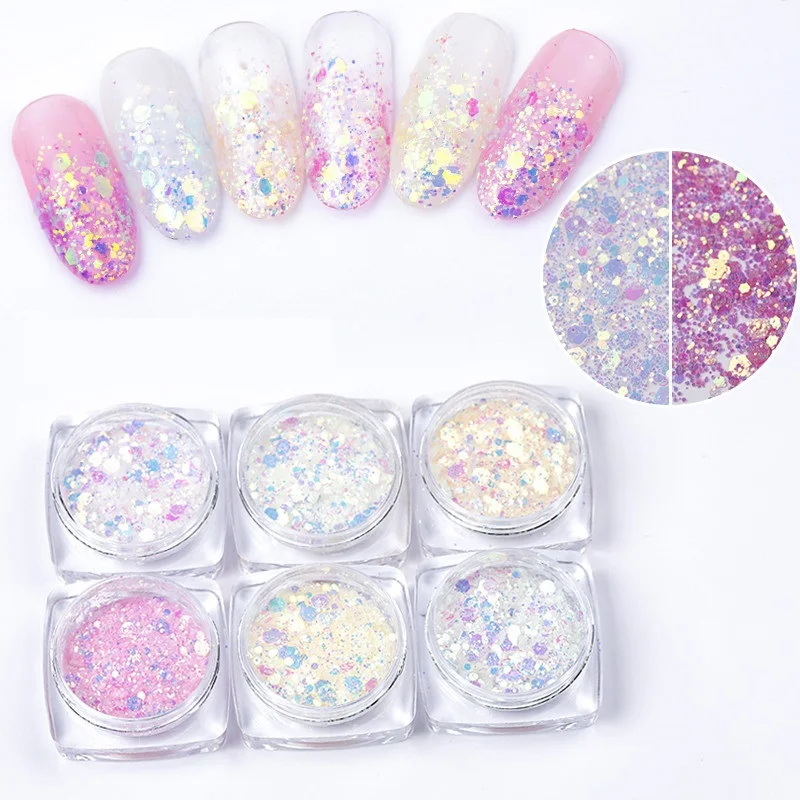 

6Boxes/set Sun Light UV Sensitive Changing Color Mixed Size Flakes Chameleon Glitter Powder Manicure 3D Nail Art Gel Decoration