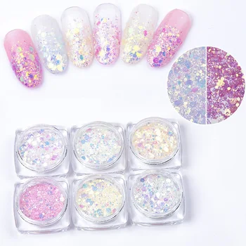 

6Boxes/set Sun Light UV Sensitive Changing Color Mixed Size Flakes Chameleon Glitter Powder Manicure 3D Nail Art Gel Decoration