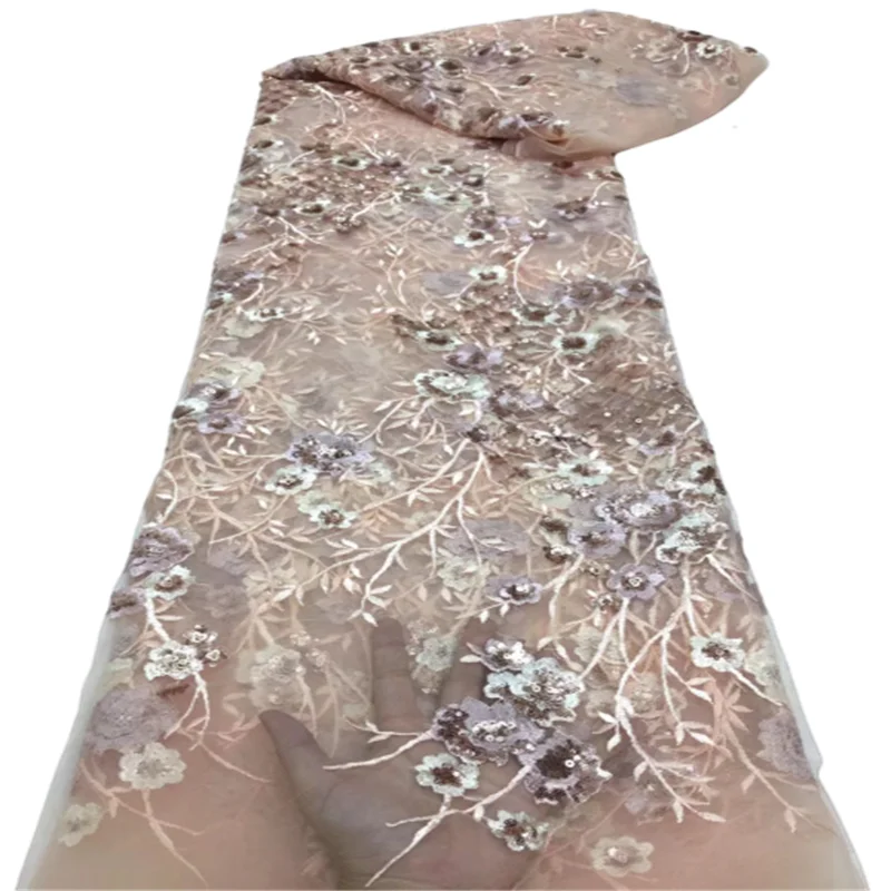 

2021 New arrival Sequin Lace Handmade Fabric French Wedding Dress Latest Nigeria tulle Embroidery Good Price With beads