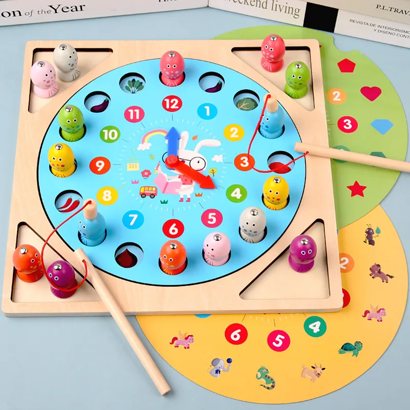 

Boys And Girls Three-in-One Clock Memory Fishing Wooden Toy Educational Early Childhood Hands-on Building Blocks Time Cognitive