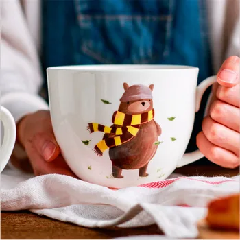 

Cartoon Cute Bear Printed Ceramic Coffee Milk Mug Big Caliber Large Capacity Coffee Milk Ice Cream Fruit oatmeal Juice Cup Gifts