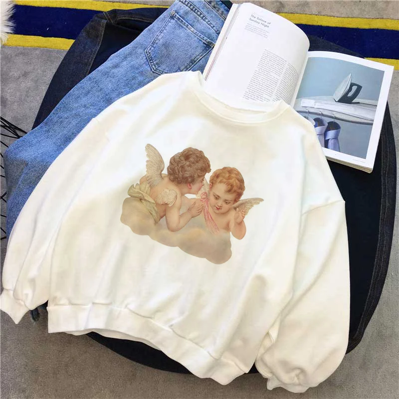 

Harajuku Kawaii Korean Style Clothes Angel Kiss Pattern Printed Sweatshirt Long Sleeved Loose Sweet Pretty Casual Woman Tops