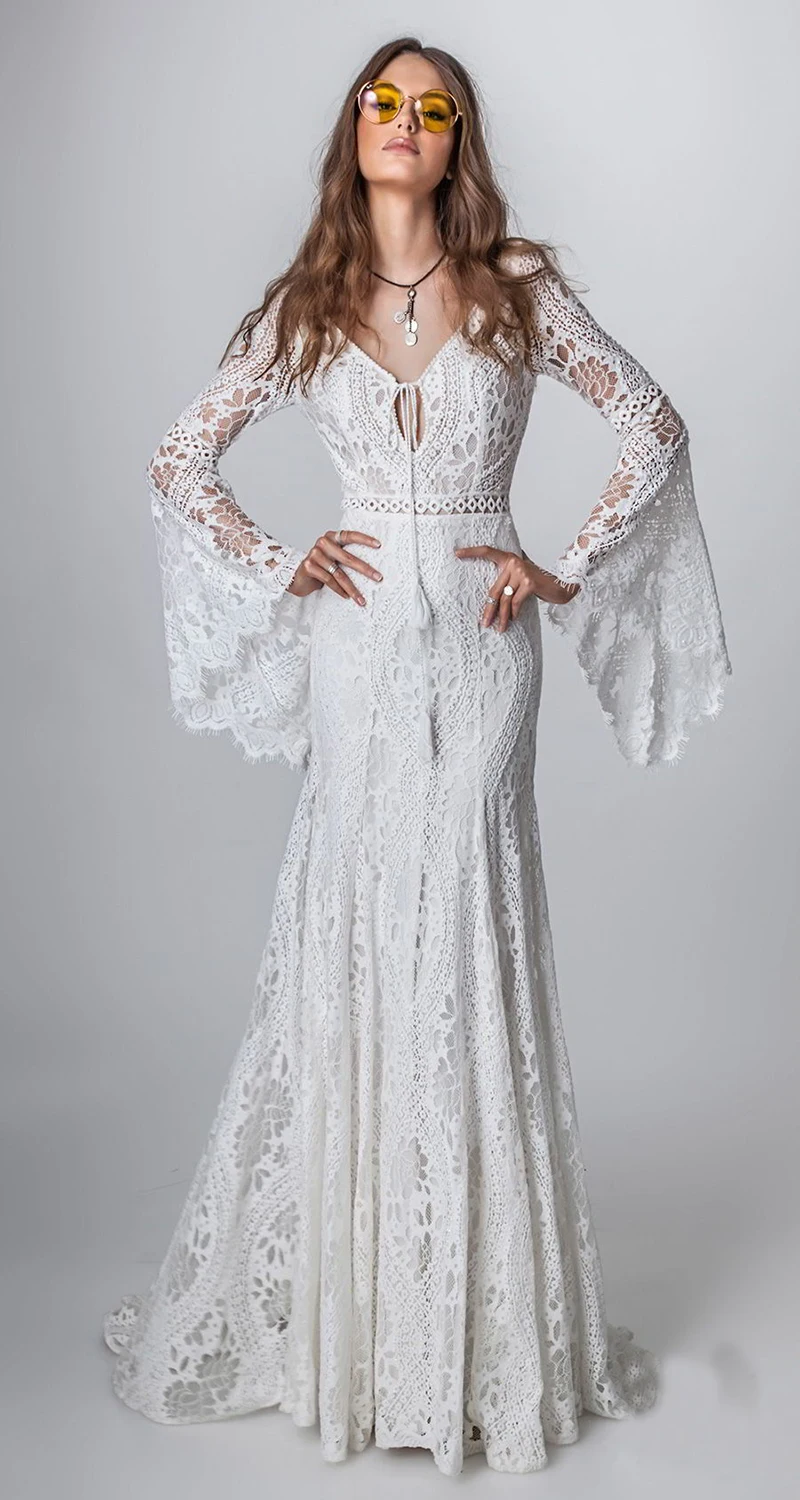 boho wedding dress bell sleeves