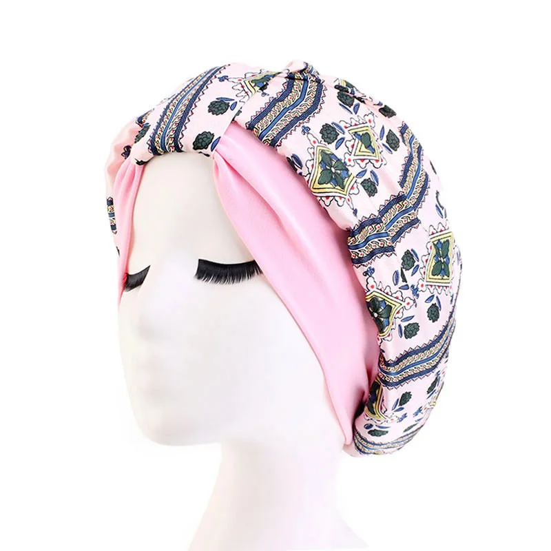 Fashion Stretch Turban Cap Simulation Silk Muslim Hat Sleeping Hat Chemotherapy Cap Retro Print Bandanas Headwear Elegant Hijab