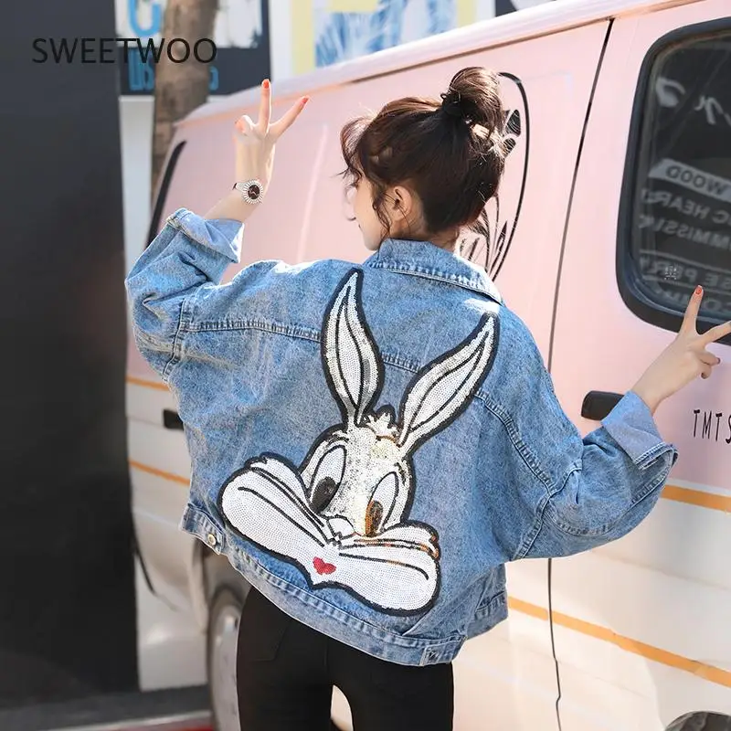 

7-Color Denim Jacket Female Cartoon Sequin Oversized Denim Jacket Bling Bling Loose Embroidered Short Jacket Character Costume