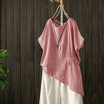 

2020 Summer Striped Blouse ZANZEA Casual Irregular Shirts Women Short Sleeve Elastic Waist Tunic Tops Female Blusas Chemise Robe
