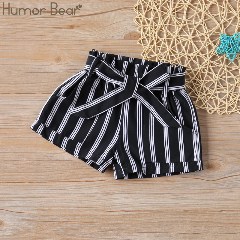 Humor Bear/шорты для девочек коллекция года, новые летние шорты для девочек черно-белые штаны в полоску+ ремень для маленьких девочек модные детские шорты для девочек