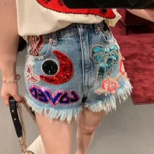 Летние модные женские джинсы, дизайн, вышитые блестками, с кисточками, короткие джинсы A250