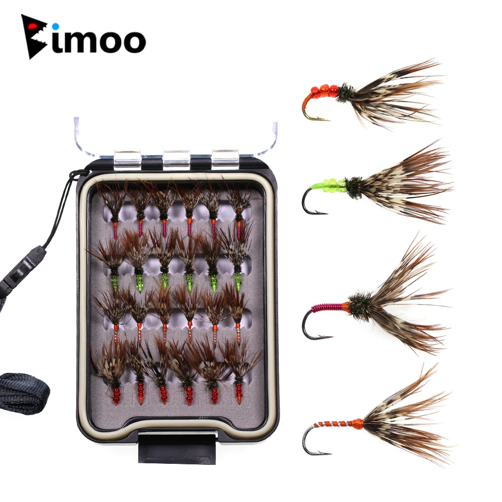 Bimoo 24PCS #12 Tenkara Flies Kebari Trout Steelhead Grayling Fishing Dry Fly Floating Bait Lures with Waterproof Box Case | Спорт и