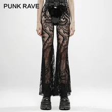 Панк рейв женские готические черные кружевные прозрачные брюки эластичные винтажные резиновые талии ленты личности женские расклешенные брюки