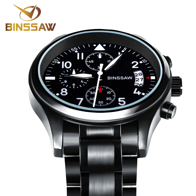 Черный BINSSAW Mannen Luxe Quartz Horloge Merk Nieuwe Rvs Business Casual Waterdichte Lichtgevende Sport Horloges Relogio Masculino - Цвет: Черный