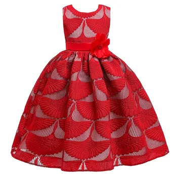 

Girls Embroidered Flower Princess Party Lace Dresses With Pearl Jewelry Children Kids Elegant Baby Christmas Children Clothing