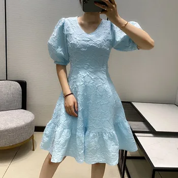 

3D Embossing puff sleeve ruffles dress high quality women summer o-neck solid girls sweet dresses S108