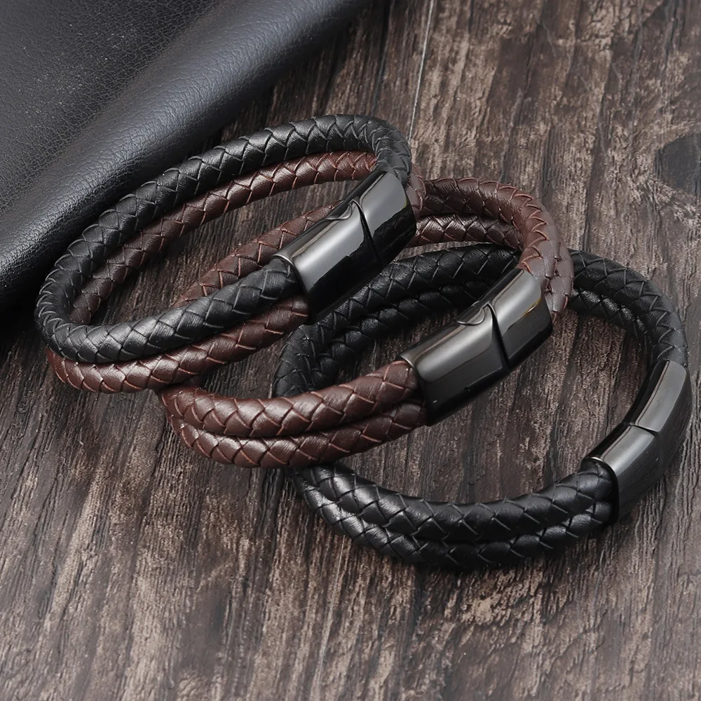 New Fashion Jewelry Men Bracelet Stainless Steel Magnet Clasp Genuine Leather Cuff Bangle Bracelet Men - Image 6