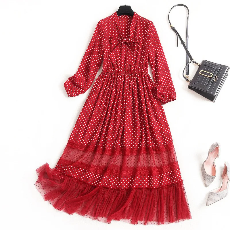 

Vintage New 2020 Dresses Elastic Waist A-Line Dot Chiffon Patchwork Lace Ankle-Length Maxi Dress with Long Sleeve Red white