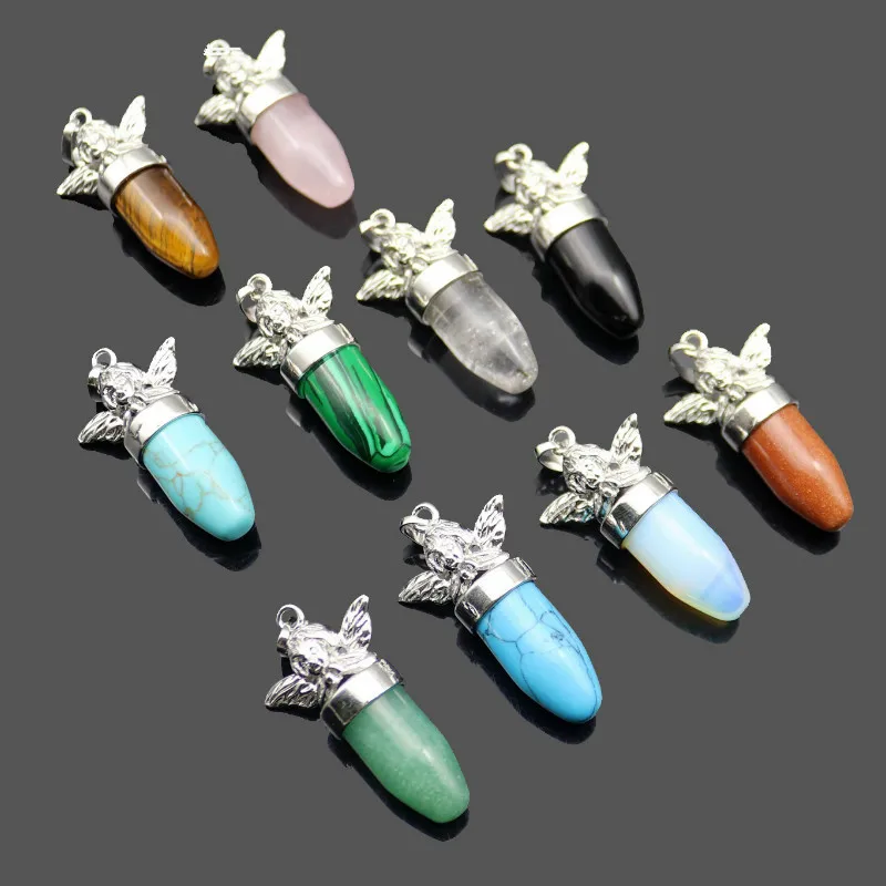 Natural Stone crystal bullet pendant ornament charm Angel wings head For jewelry making DIY necklace accessories | Украшения и