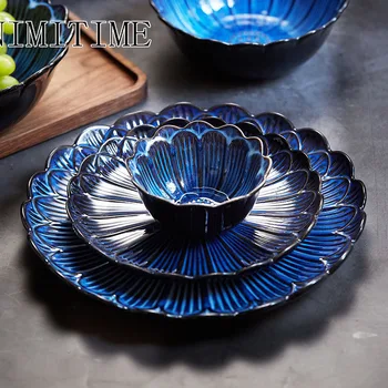 

1PC European Style Ceramic Blue Series Retro Western Style Rice Bowl Round Steak Dipping Dinner Plate Tableware