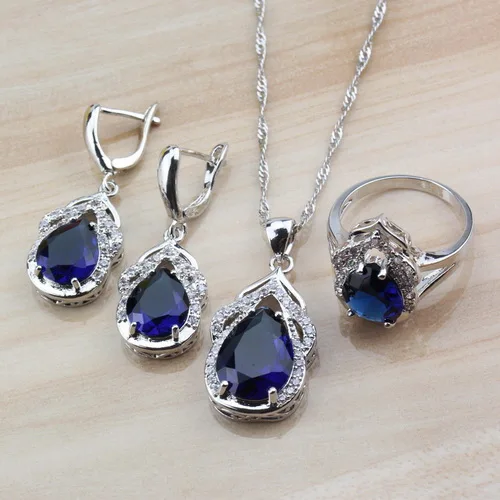 Высокое качество натуральный камень CZ синий 4 шт наборы ювелирных изделий из 925 серебра висячие серьги/браслет/кольцо для женщин наборы костюмов - Окраска металла: 3PCS