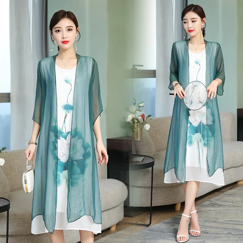 

Chinese-style Elegant Set Summer Wear 2019 New Style Middle-aged by Age Retro Dress + Towel of Two-Piece Women's