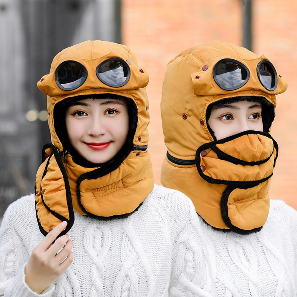 Winter Unisex Warm Faux Fur Snow Hat Cap Earflap Face Mask Glasses Scarf Set Outdoor Windproof warm Clothing Decor Accessory