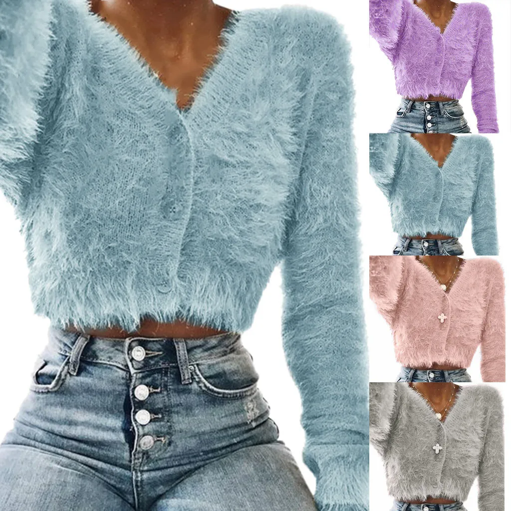 Женская мода v-образным вырезом тонкий длинный рукав пушистый Повседневный свитер урожай популярные женские топы c820