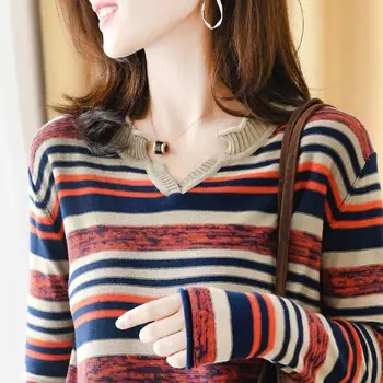

good quality women clothing latest 2020 spring autumn winter korean Stripe knit thin v-neck elastic sweaters female A5292