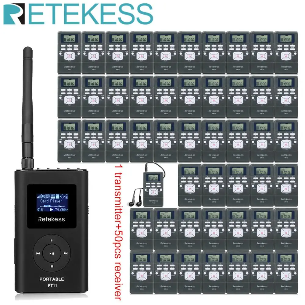

1 FM Transmitter FT11+50Pcs FM Radio Receiver PR13 Wireless Voice Transmission System For Guiding Church Meeting Training