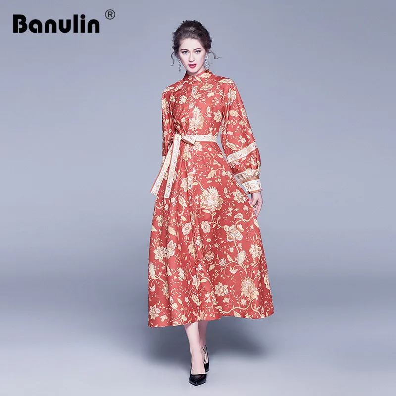 

High Quality Luxury Design Runway Vintage Women Dress Stand Collar Lantern Sleeve High Waist Single-breasted Lace Up Long Dress