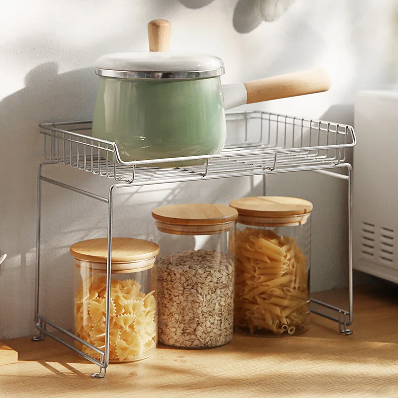 

Stackable Cabinet Shelf Kitchen Cabinet Organizers and Storage with Guardrails Design for Safely Storing Seasoning and Tableware