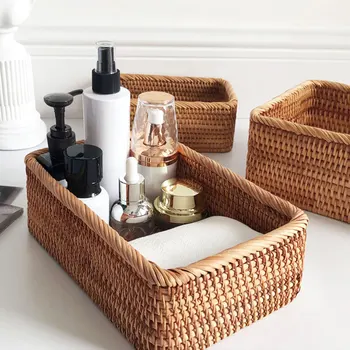 

Manual Rectangular Weaving Rattan Wicker Basket Fruit Miscellaneous Food Tea Snacks Tray Bread Hand-knitted Box Simple Box